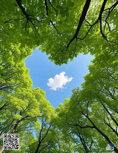 Երկինք՝ կանաչ լռության մեջ | Արևով լուսավորված ճյուղերը, քնքուշ տերևները և կապույտ երկնքի կտորները հյուսում են հանգիստ ծածկ՝ լցնելով պահը խաղաղությամբ, լույսով և հանգիստ նորացմամբ