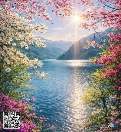 Գարնանային բնության գեղեցկության հավաքածու | Ծաղկող ծաղիկների, փայլուն լճերի, կապույտ երկնքի և խաղաղ ափամերձ տեսարանների պայծառ կոլաժ, որը տոնում է բնության թարմությունը